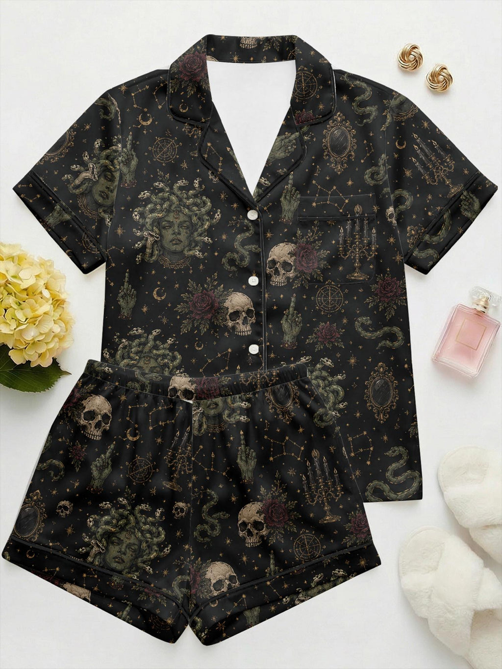 Medusa Skull Satin Pajama Set, Gothic Celestial Loungewear, Dark Witchy Sleepwear