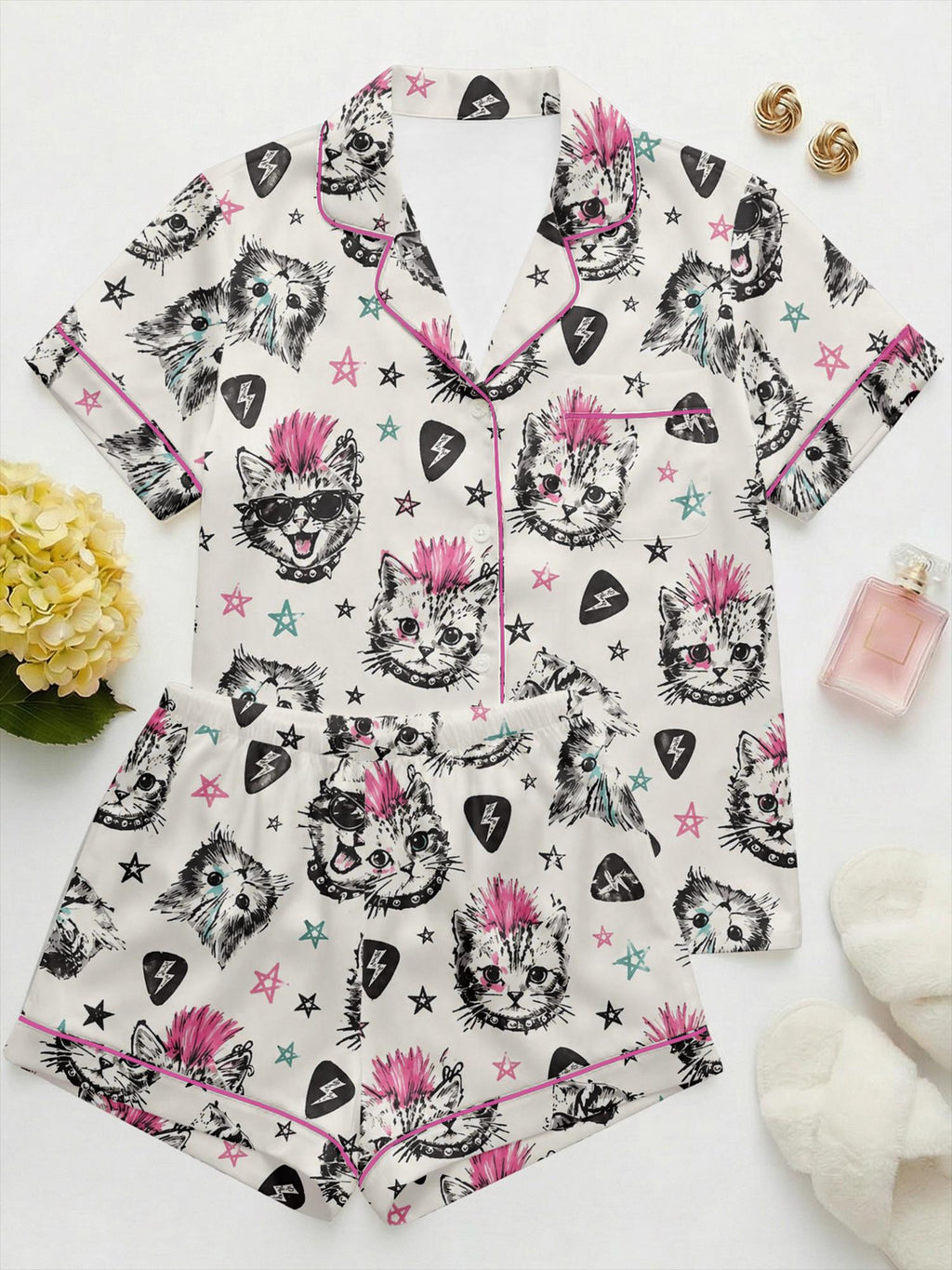 Punk Cat Pajama Set,  kitten prints Satin Pajamas , Summer Short Sleepwear, Edgy Aesthetic Loungewear, Custom Pajamas, Gift for Girlfriend