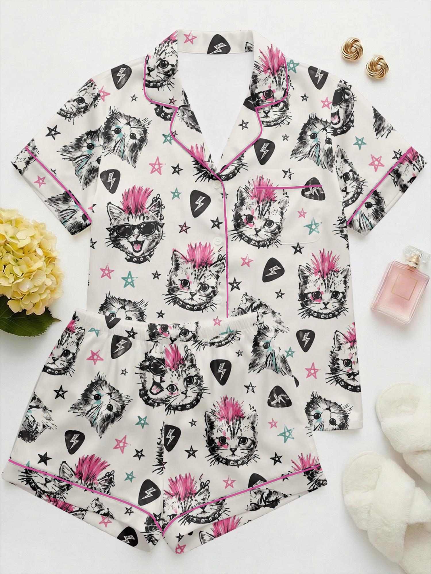 Punk Cat Pajama Set,  kitten prints Satin Pajamas , Summer Short Sleepwear, Edgy Aesthetic Loungewear, Custom Pajamas, Gift for Girlfriend