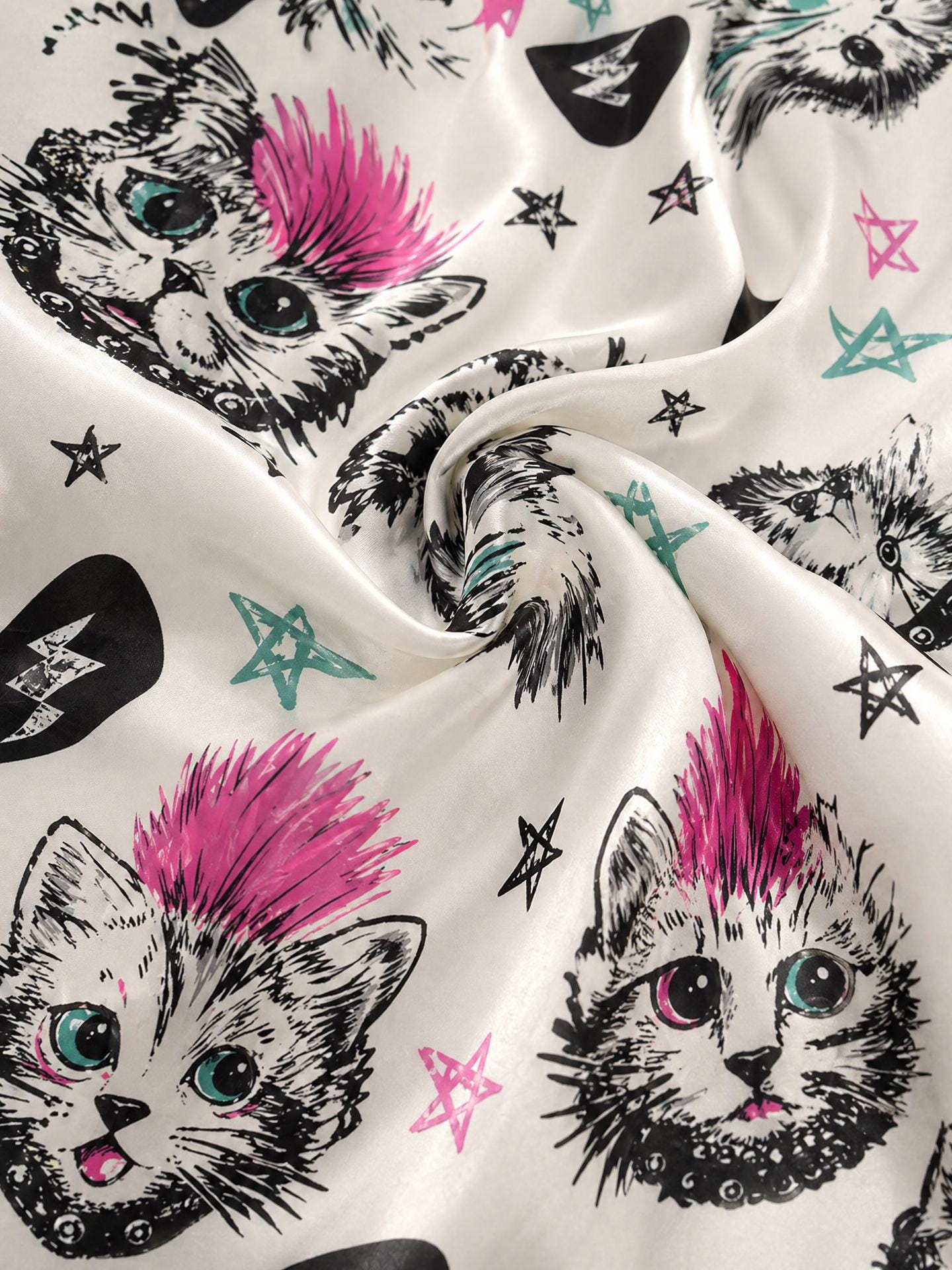 Punk Cat Pajama Set,  kitten prints Satin Pajamas , Summer Short Sleepwear, Edgy Aesthetic Loungewear, Custom Pajamas, Gift for Girlfriend