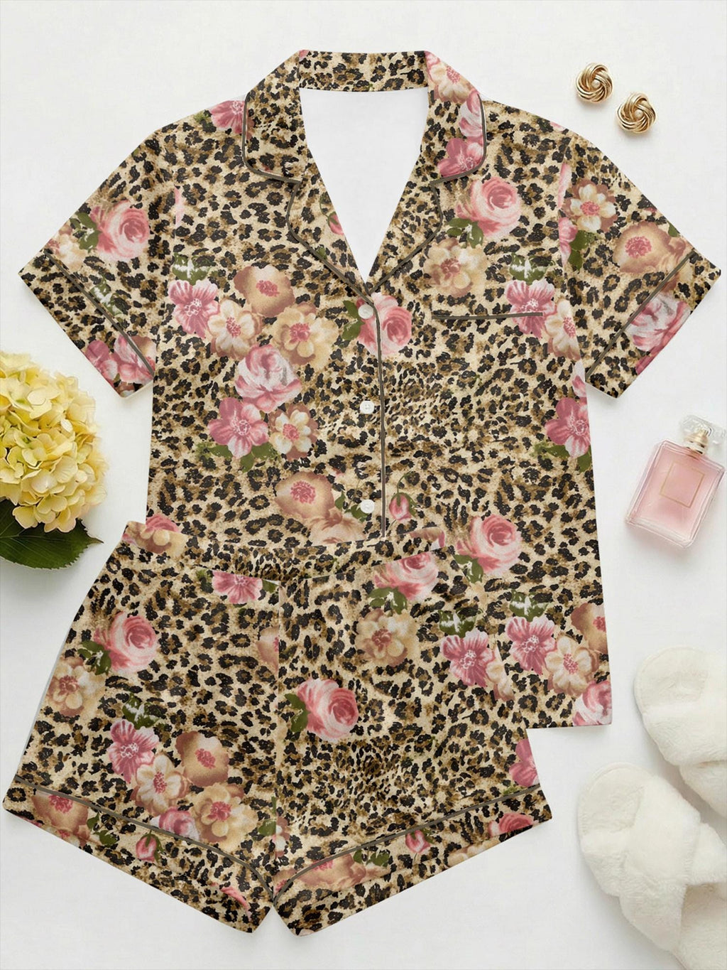 Leopard Floral Pajama Set Women, Satin Summer Pajamas Short Sleeve, Vintage Aesthetic Sleepwear, Animal Print Loungewear, Custom Pajamas