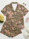 Leopard Floral Pajama Set Women, Satin Summer Pajamas Short Sleeve, Vintage Aesthetic Sleepwear, Animal Print Loungewear, Custom Pajamas