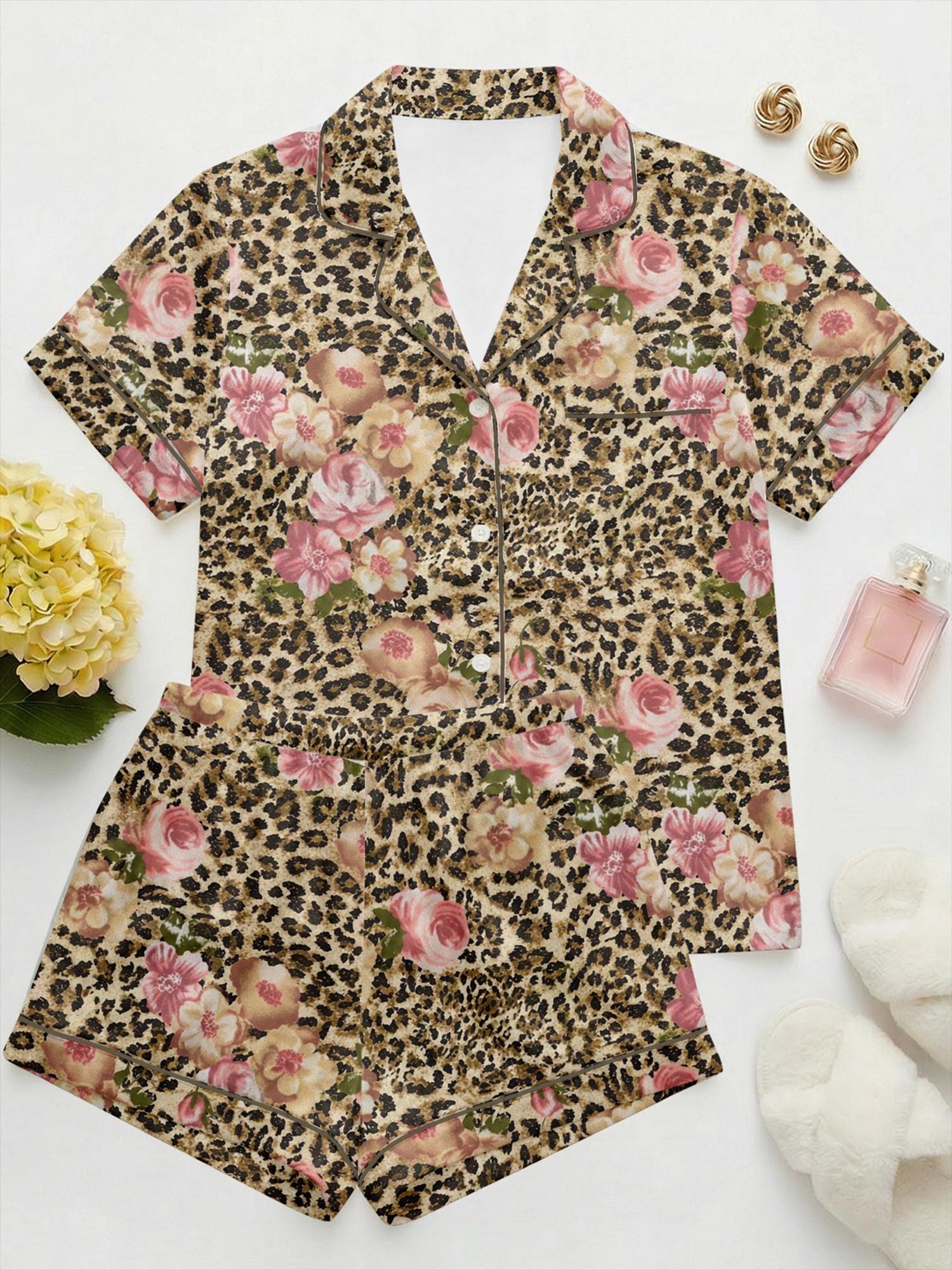 Leopard Floral Pajama Set Women, Satin Summer Pajamas Short Sleeve, Vintage Aesthetic Sleepwear, Animal Print Loungewear, Custom Pajamas
