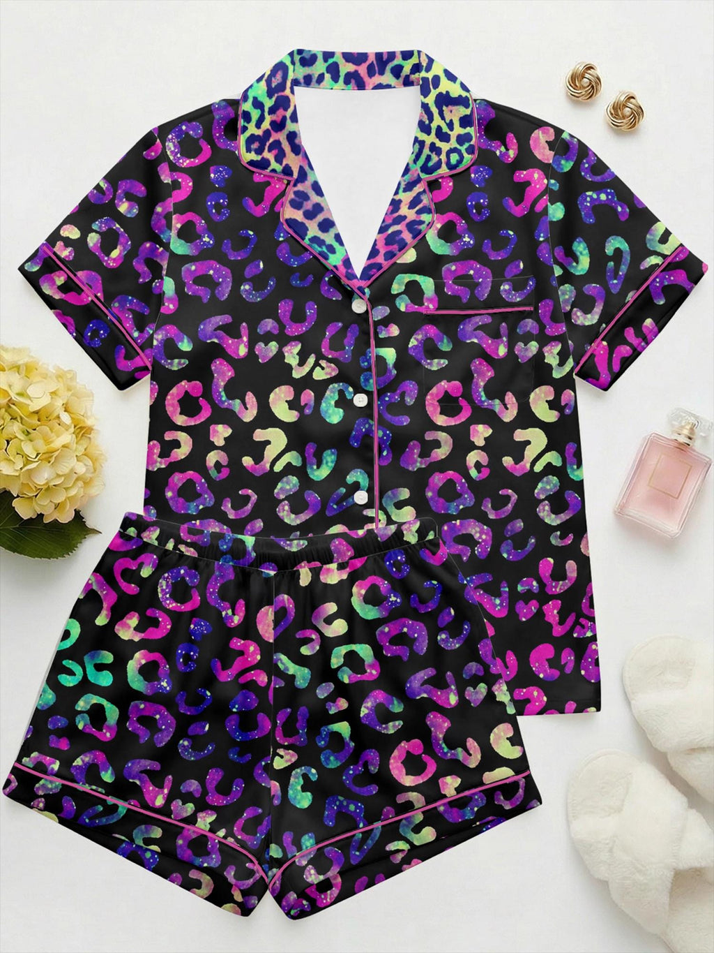 Galaxy Rainbow Leopard Pajama Set Women, Dopamine Aesthetic Satin Pajamas, Colorful Animal Print Sleepwear, Summer Loungewear Gift for Her