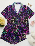 Galaxy Rainbow Leopard Pajama Set Women, Dopamine Aesthetic Satin Pajamas, Colorful Animal Print Sleepwear, Summer Loungewear Gift for Her