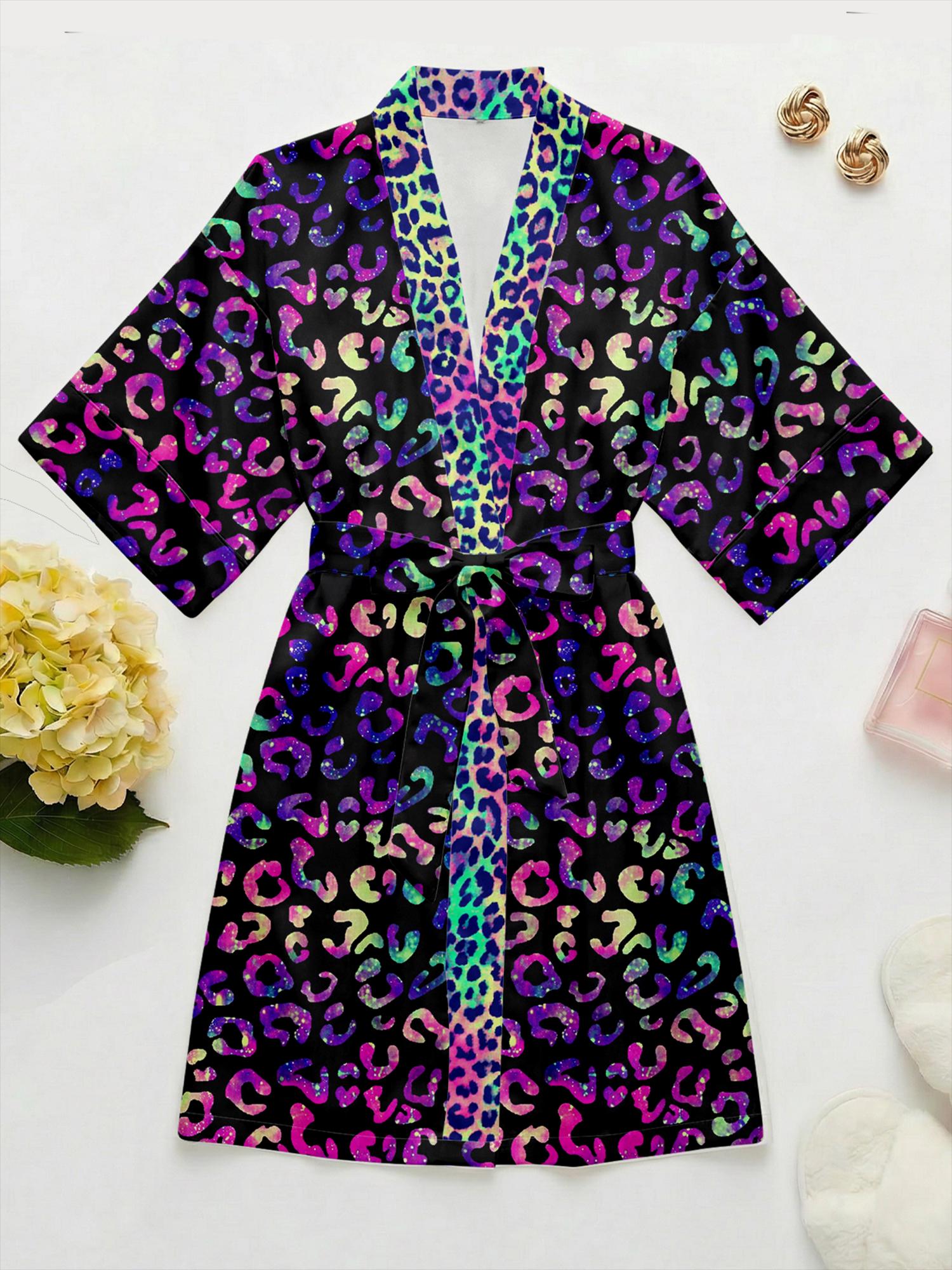Galaxy Rainbow Leopard Pajama Set Women, Dopamine Aesthetic Satin Pajamas, Colorful Animal Print Sleepwear, Summer Loungewear Gift for Her