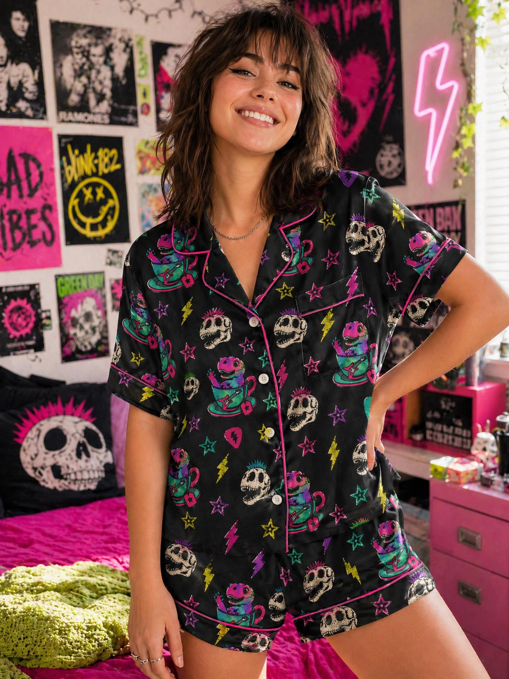 Women's Punk Dinosaur Satin Pajama Set, Neon Goth Skull Sleepwear, Y2K Loungewear