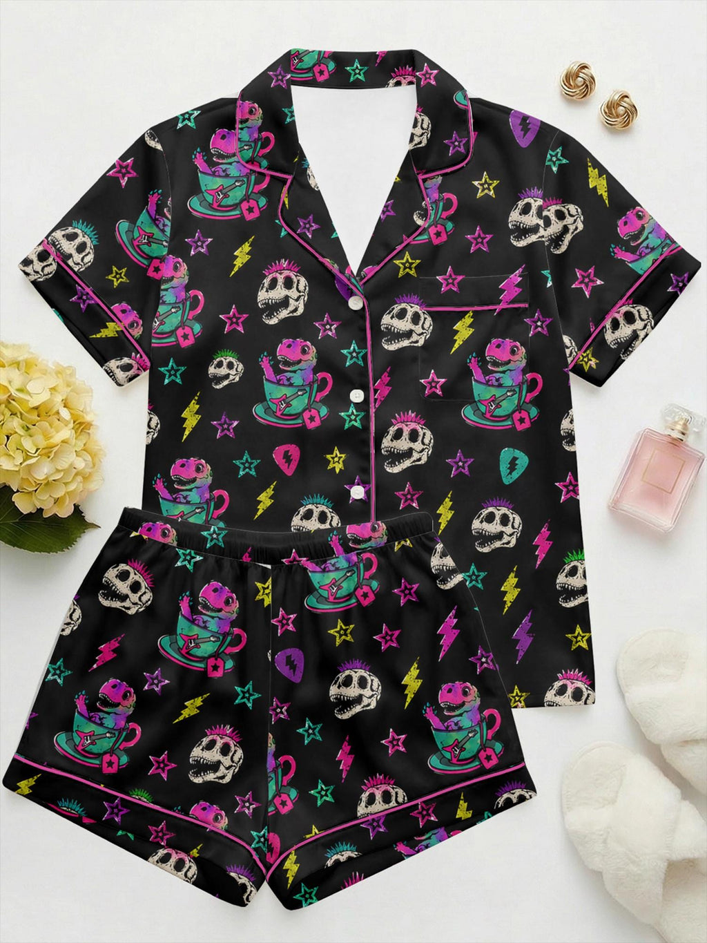Women's Punk Dinosaur Satin Pajama Set, Neon Goth Skull Sleepwear, Y2K Loungewear
