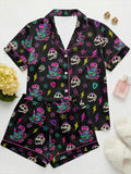 Women's Punk Dinosaur Satin Pajama Set, Neon Goth Skull Sleepwear, Y2K Loungewear