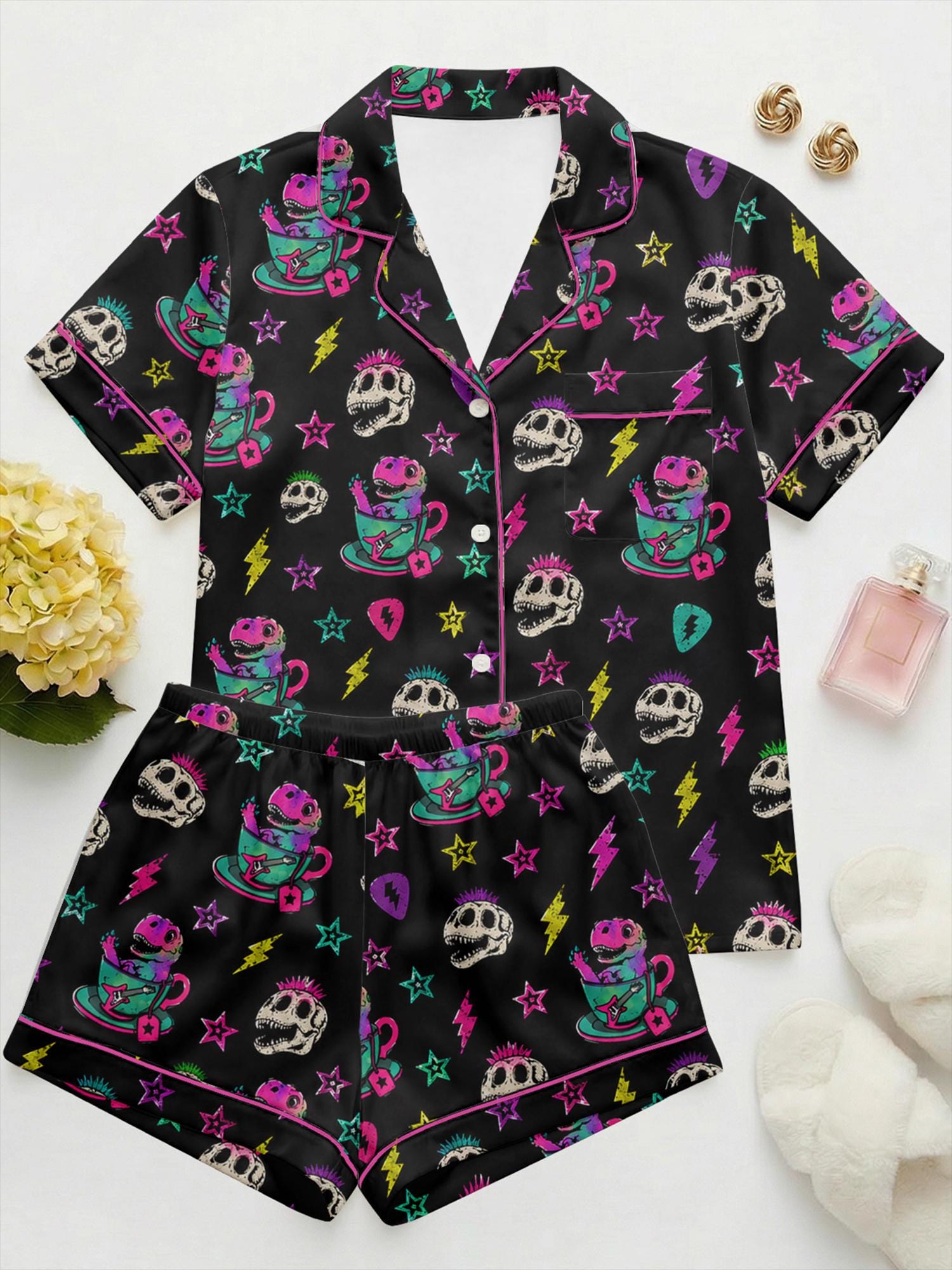 Women's Punk Dinosaur Satin Pajama Set, Neon Goth Skull Sleepwear, Y2K Loungewear