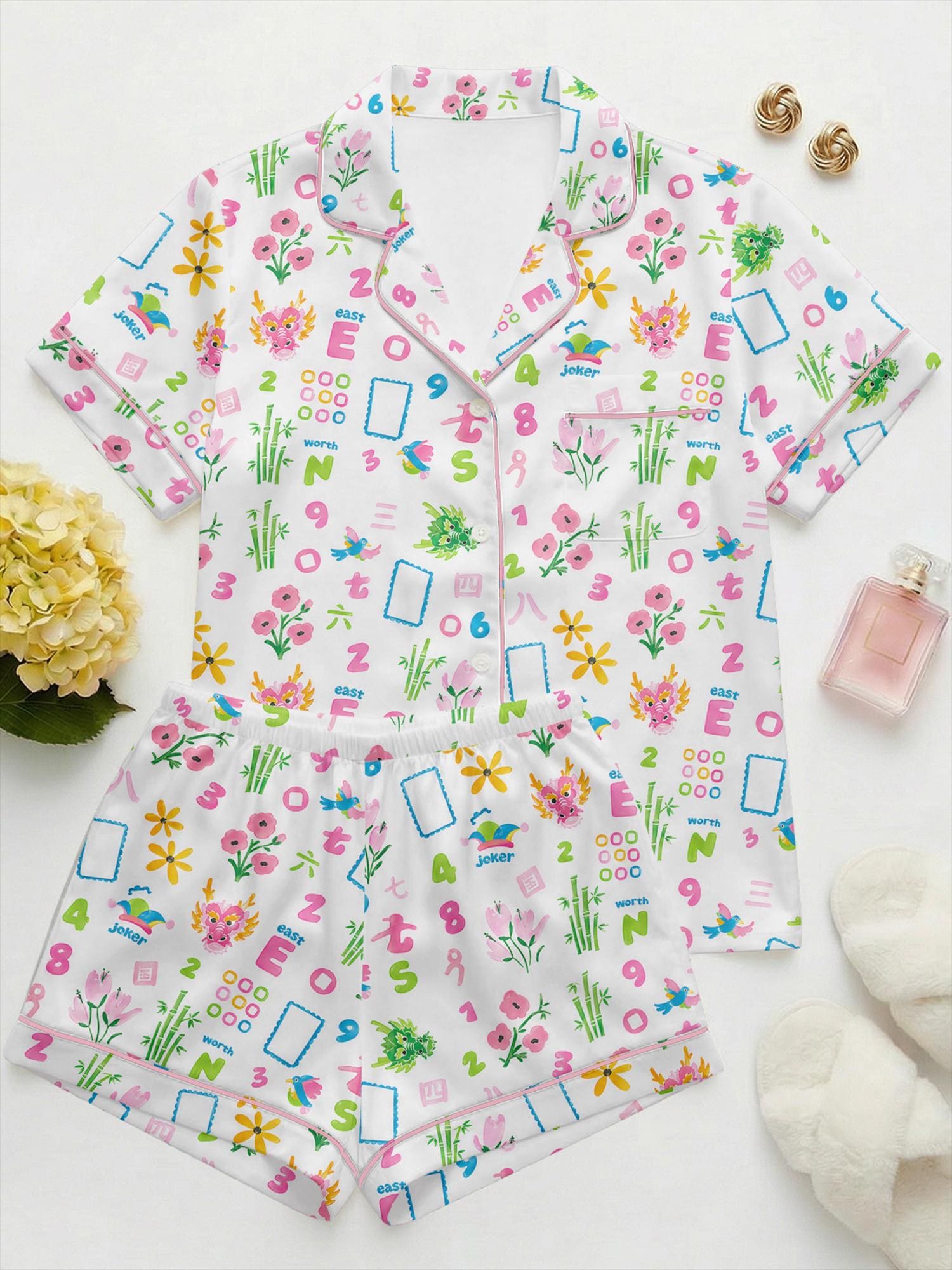 Mahjong Pajama Set Women, Mahjong Party Outfit, Game Night Pajamas, Gift for Mahjong Lover, Girls Night Sleepwear, Lounge Set for Her