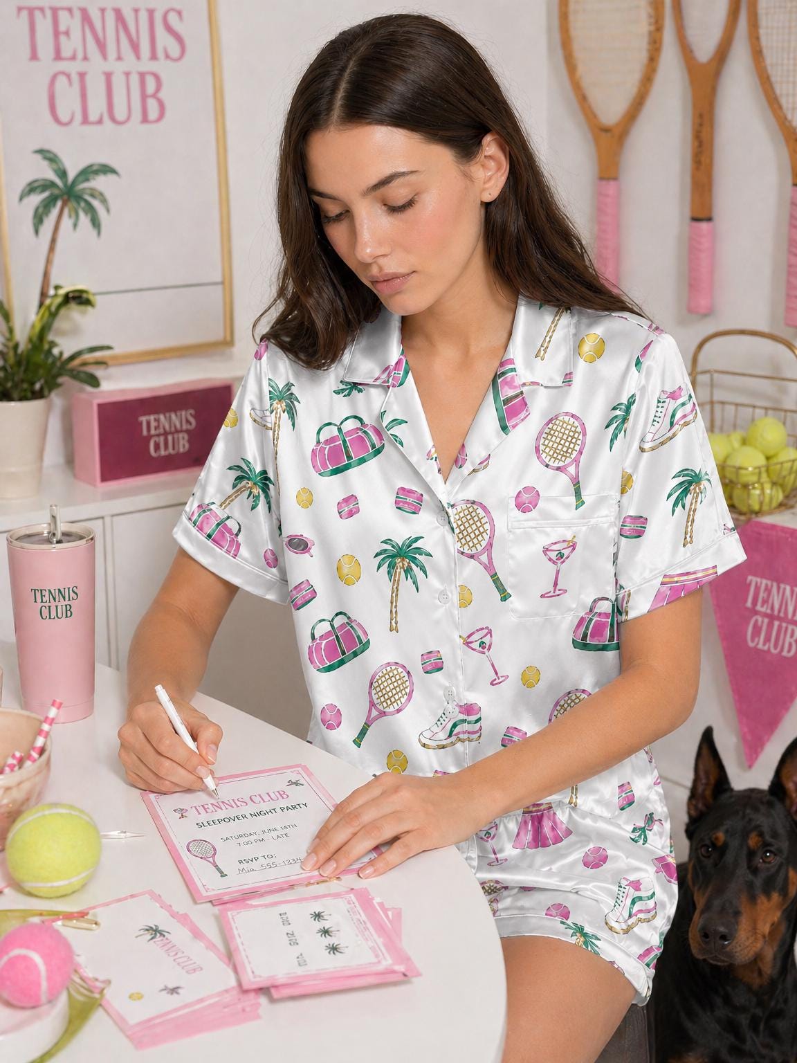 Tennis Pajama Set Women, Vacation Pajamas, Preppy Sleepwear, Resort Lounge Set, Tennis Lover Gift, Summer Satin Pajamas, Country Club Outfit