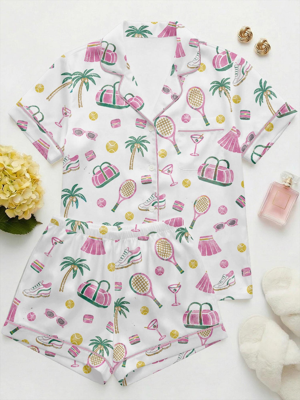 Tennis Pajama Set Women, Vacation Pajamas, Preppy Sleepwear, Resort Lounge Set, Tennis Lover Gift, Summer Satin Pajamas, Country Club Outfit