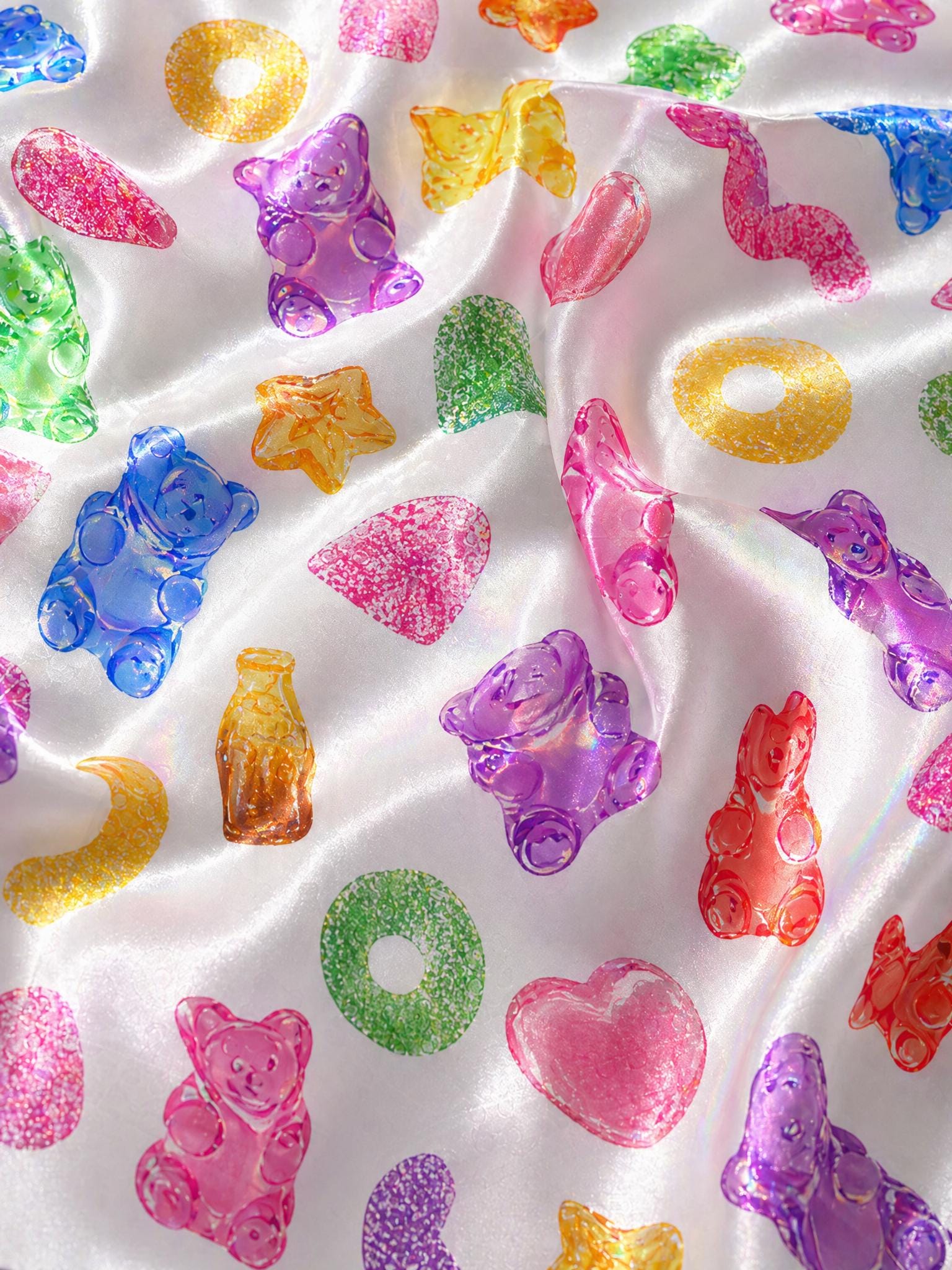 Gummy Bear Candy Print Pajama Set, Satin Sleepwear, Women's Lounge Shorts