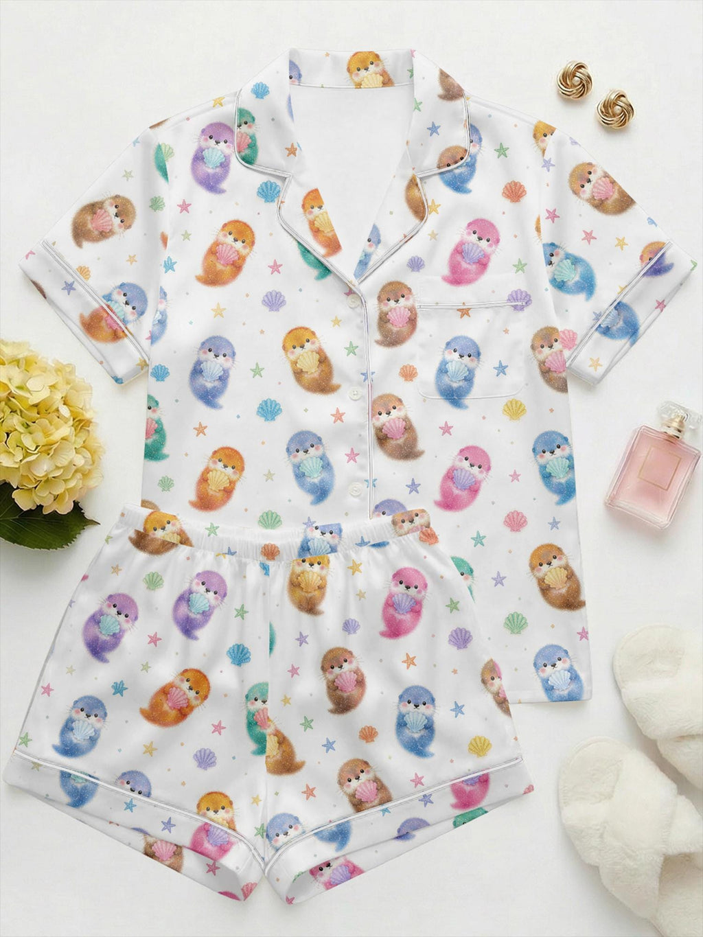 Women's Otter Print Pajama Set, Short Sleeve Sleepwear, Ocean Loungewear
