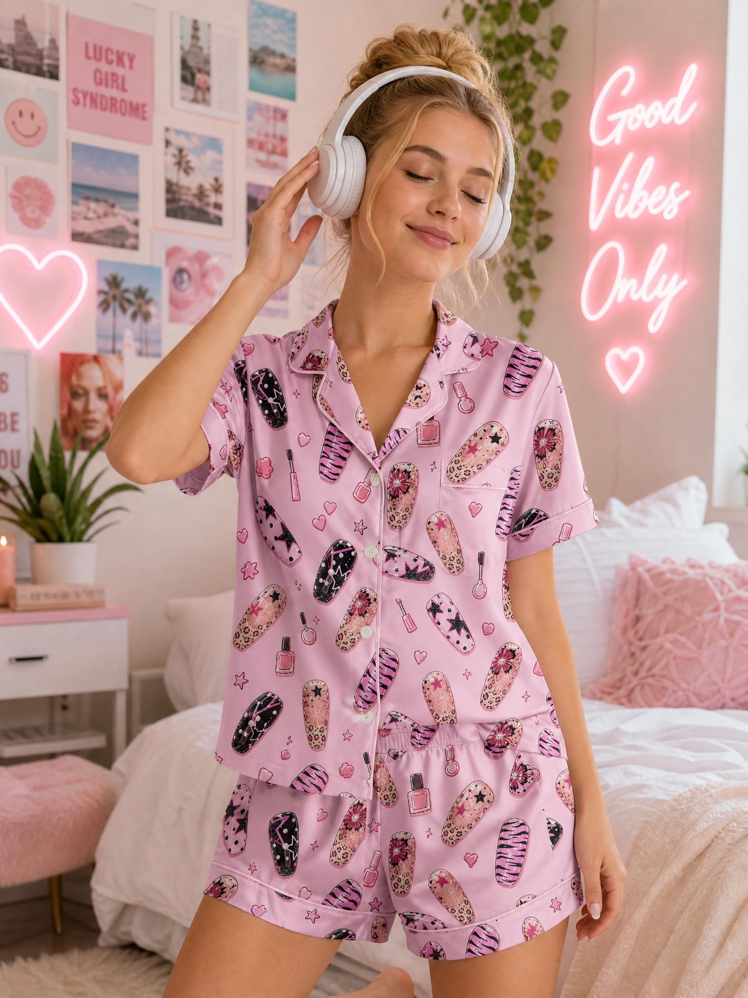 Nail Art Pajama Set for Women, Pink Cute Aesthetic Pajamas, Nail Tech Gift, Y2K Girly Sleepwear, Beauty Lover Loungewear,Nail Lover Gift