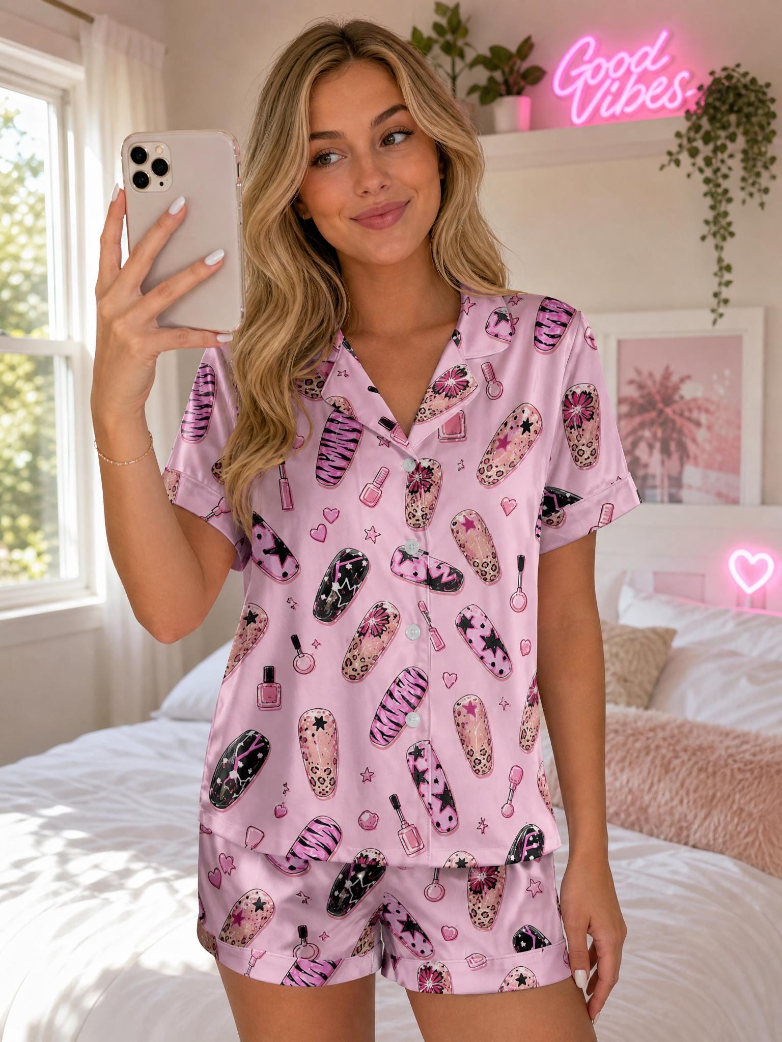Nail Art Pajama Set for Women, Pink Cute Aesthetic Pajamas, Nail Tech Gift, Y2K Girly Sleepwear, Beauty Lover Loungewear,Nail Lover Gift