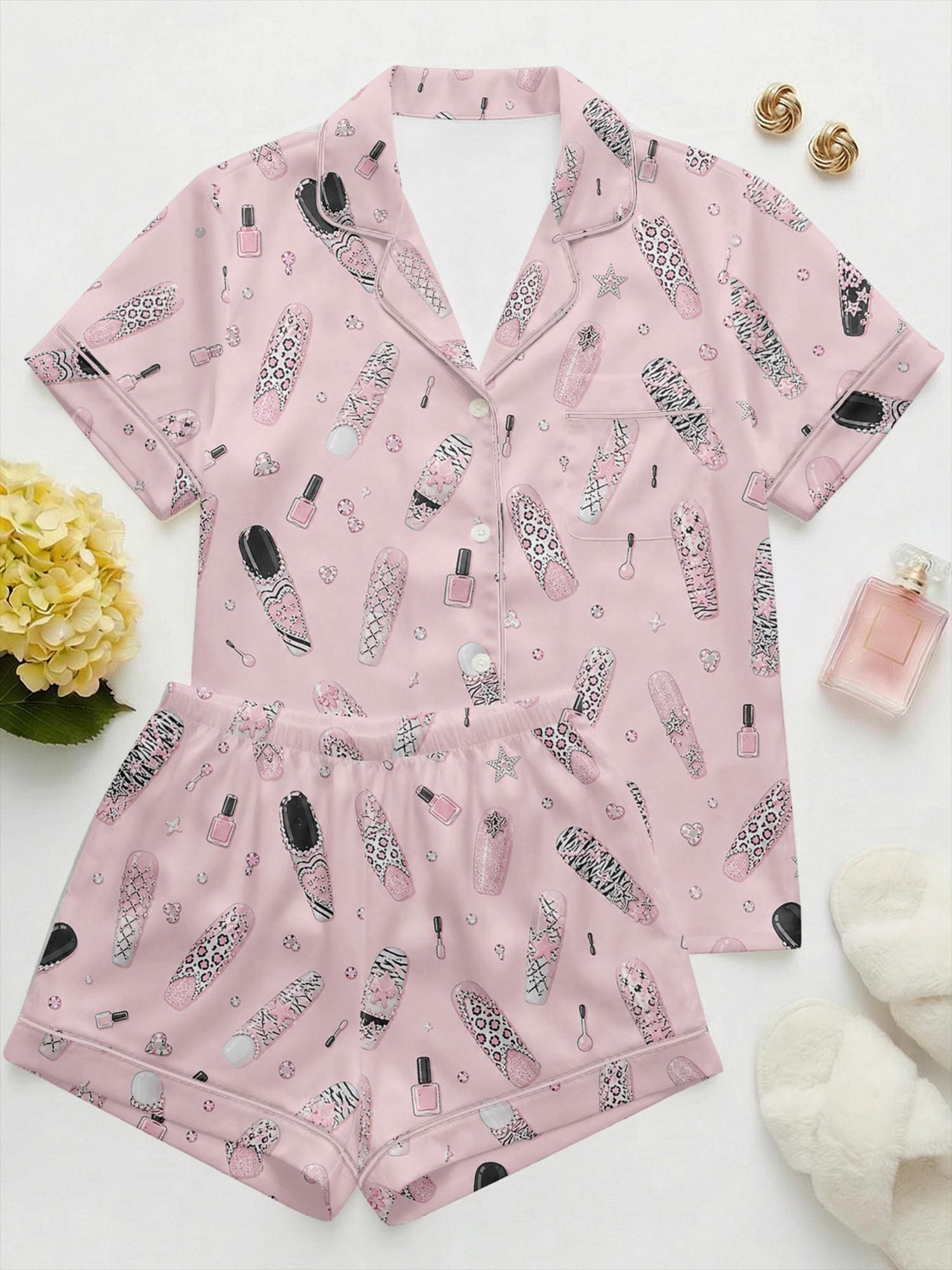 Nail Art Pajama Set for Women, Summer Satin Loungewear, Self Care Pajama Set, Girls Night Sleepwear, Cute Nail Print, Gift for Nail Lover