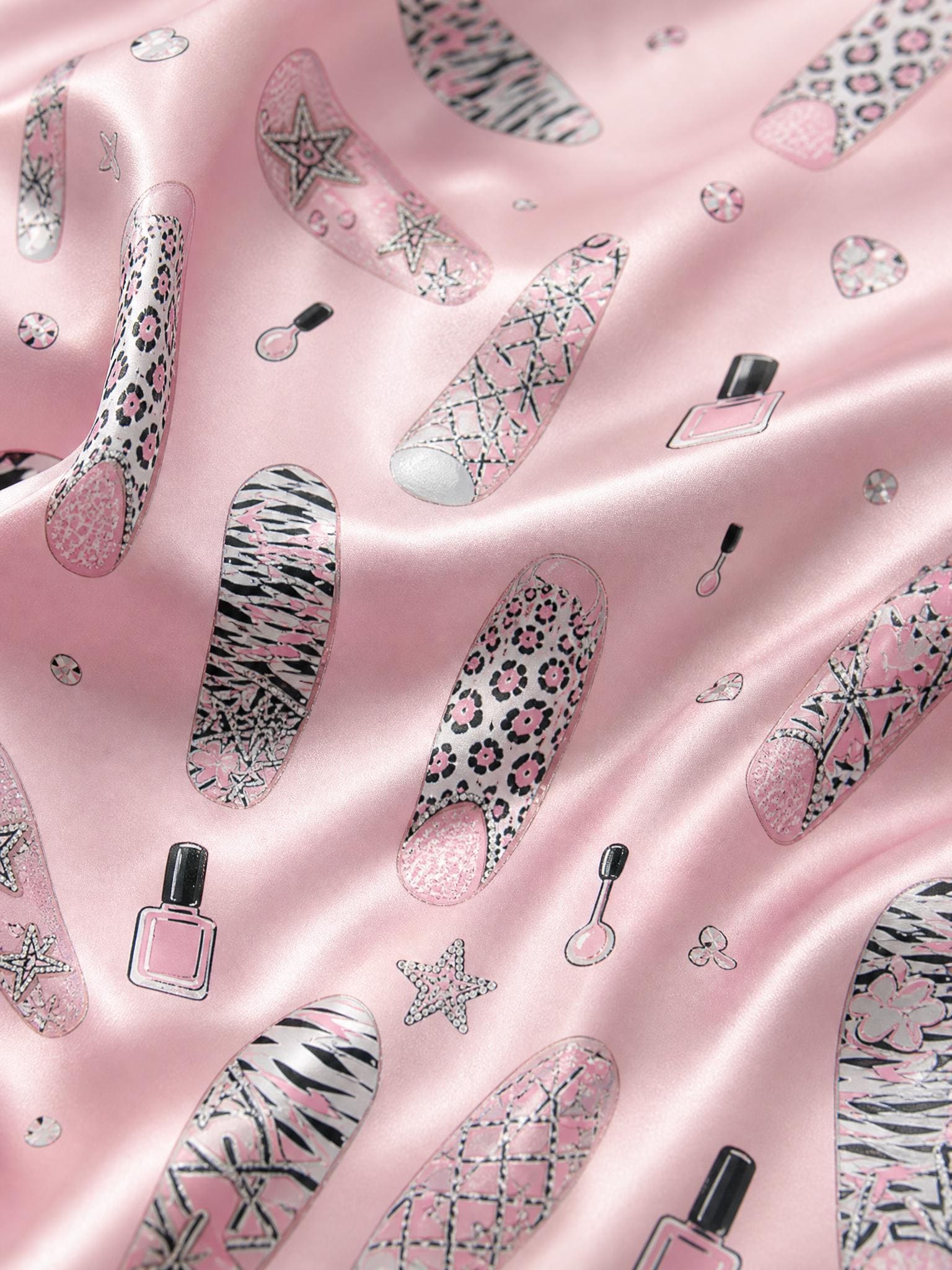 Nail Art Pajama Set for Women, Summer Satin Loungewear, Self Care Pajama Set, Girls Night Sleepwear, Cute Nail Print, Gift for Nail Lover