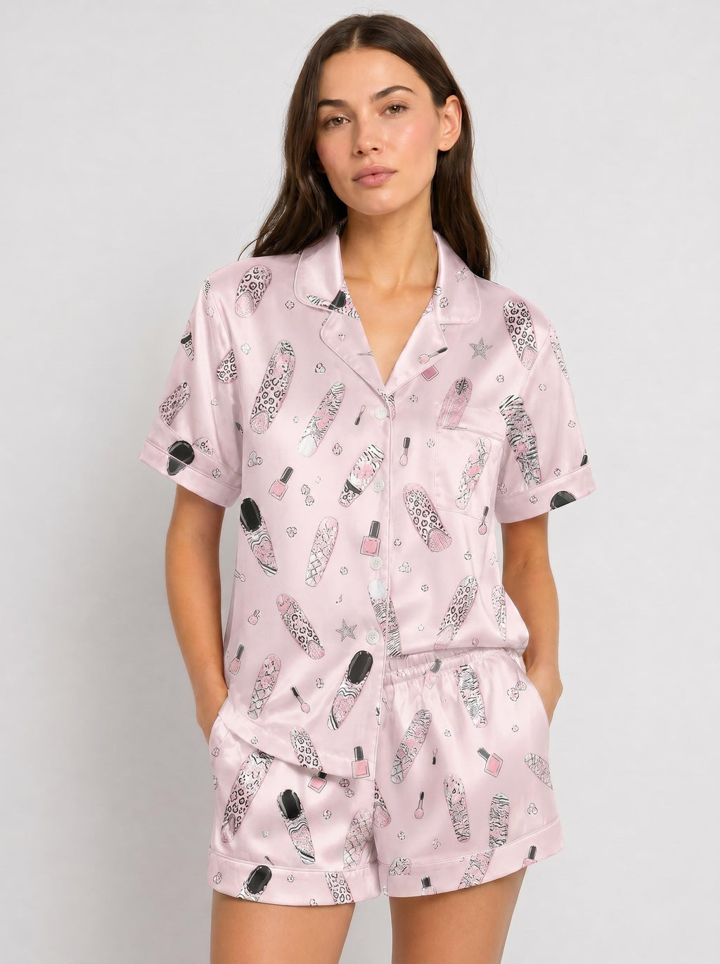 Nail Art Pajama Set for Women, Summer Satin Loungewear, Self Care Pajama Set, Girls Night Sleepwear, Cute Nail Print, Gift for Nail Lover