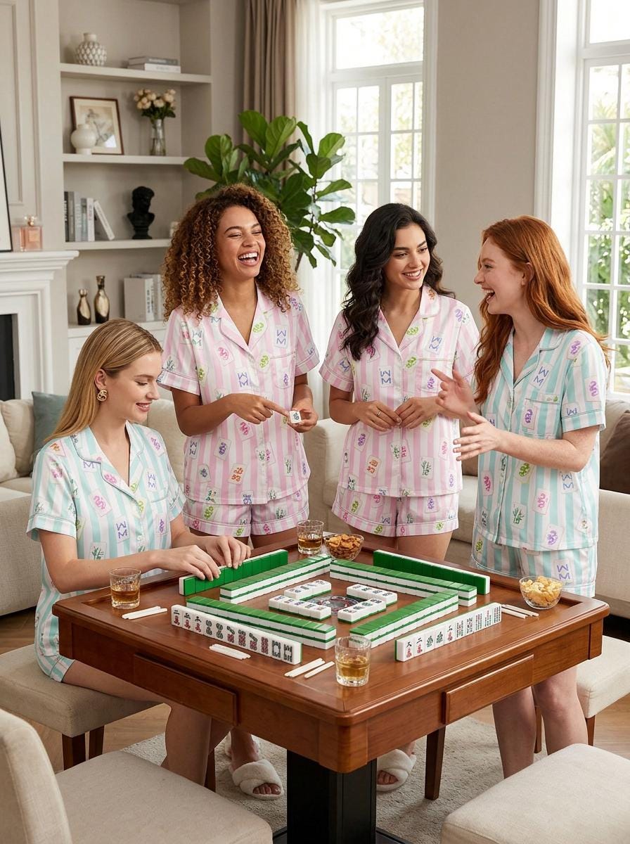 Satin Mahjong Pajama Set Women, Summer Sleepwear Shorts Set, Cute Striped Lounge Set, Mahjong Lover Gift, Girls Night Pajamas