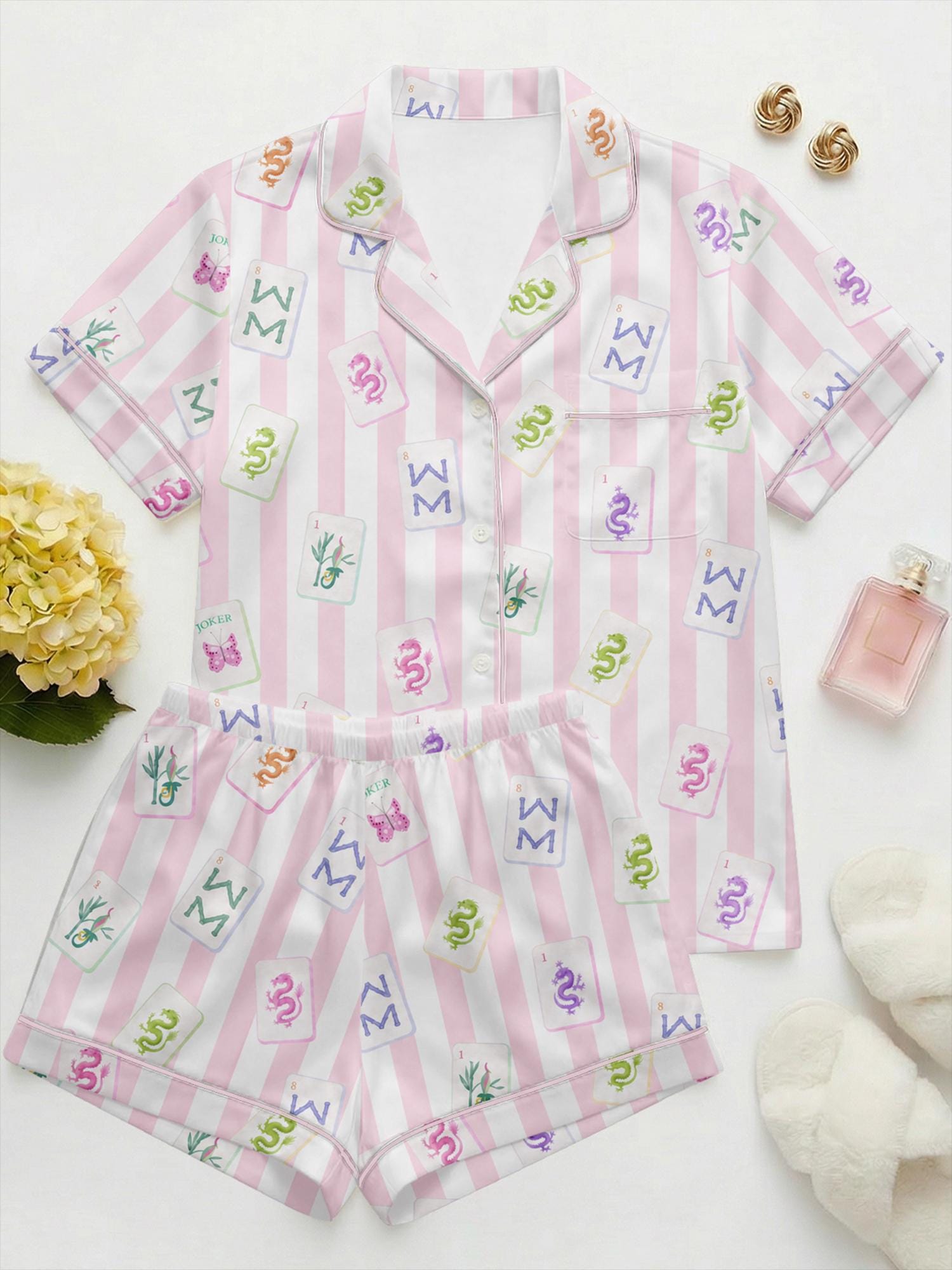 Satin Mahjong Pajama Set Women, Summer Sleepwear Shorts Set, Cute Striped Lounge Set, Mahjong Lover Gift, Girls Night Pajamas