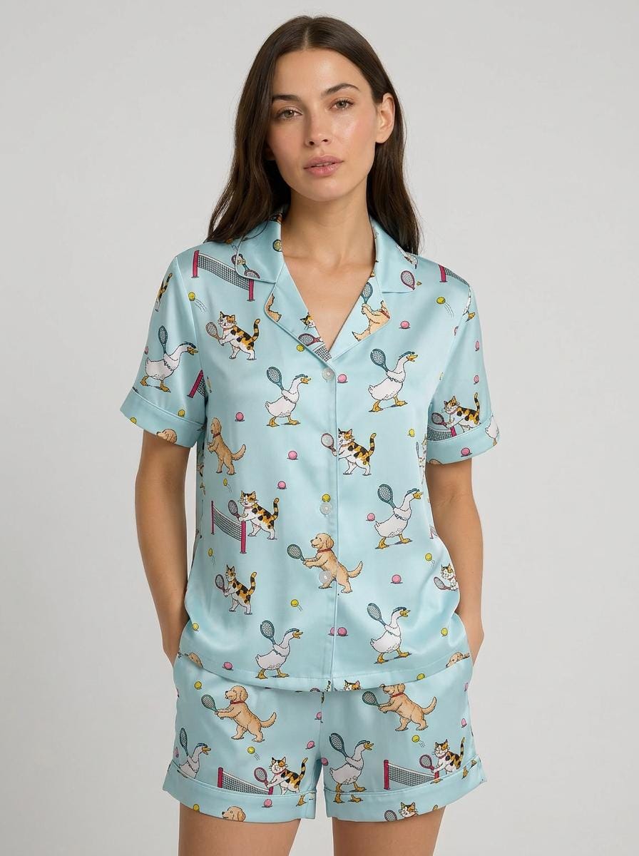 Cute Animal Tennis Pajama Set for Women, Dog Cat Pajamas, Tennis Lover Gift, Preppy Summer Lounge Set, Vacation Sleepwear, Aesthetic Pajamas
