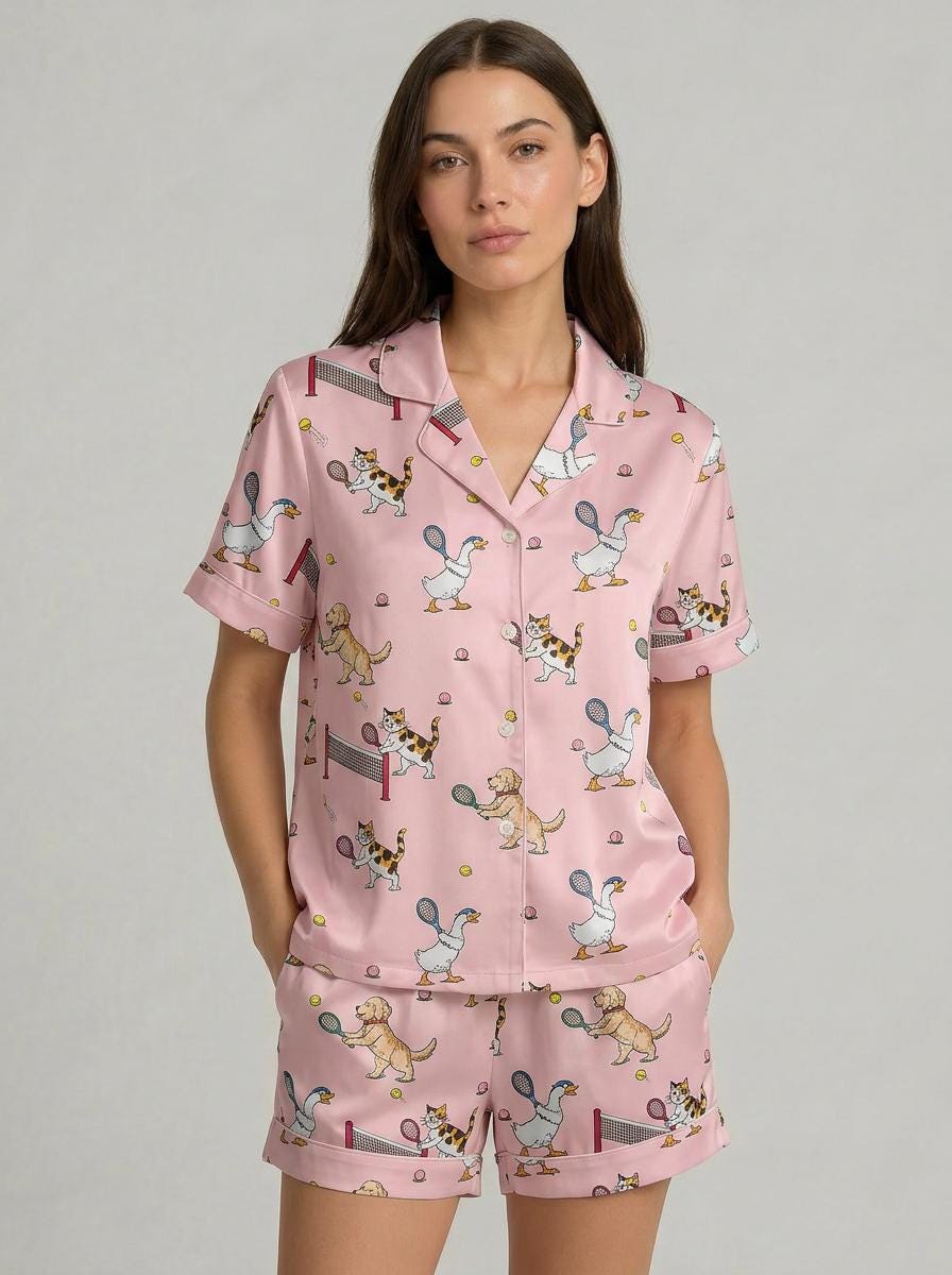 Cute Animal Tennis Pajama Set for Women, Dog Cat Pajamas, Tennis Lover Gift, Preppy Summer Lounge Set, Vacation Sleepwear, Aesthetic Pajamas