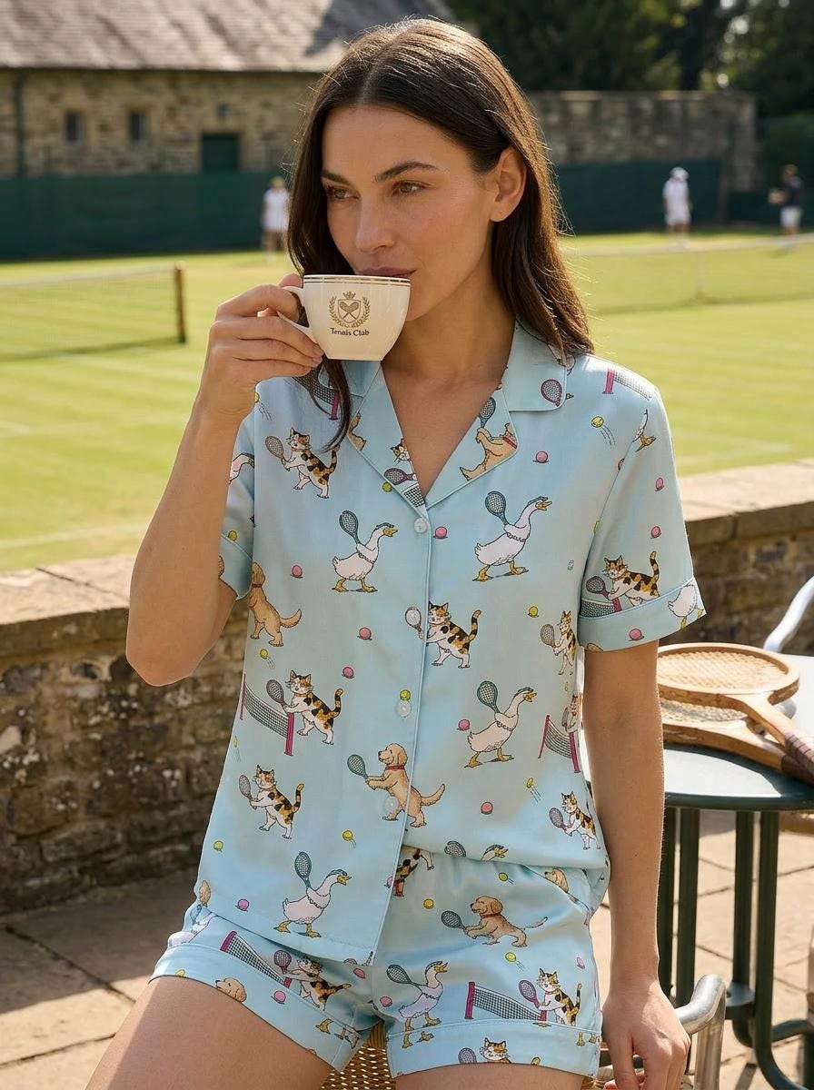 Cute Animal Tennis Pajama Set for Women, Dog Cat Pajamas, Tennis Lover Gift, Preppy Summer Lounge Set, Vacation Sleepwear, Aesthetic Pajamas