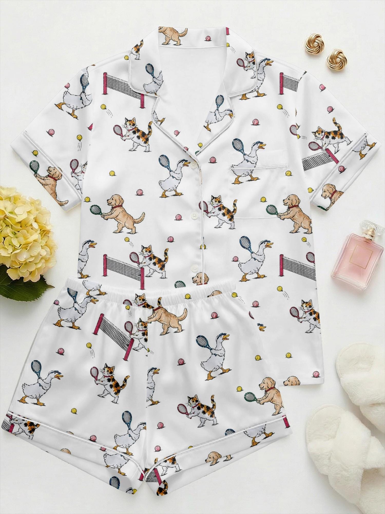 Cute Animal Tennis Pajama Set for Women, Dog Cat Pajamas, Tennis Lover Gift, Preppy Summer Lounge Set, Vacation Sleepwear, Aesthetic Pajamas