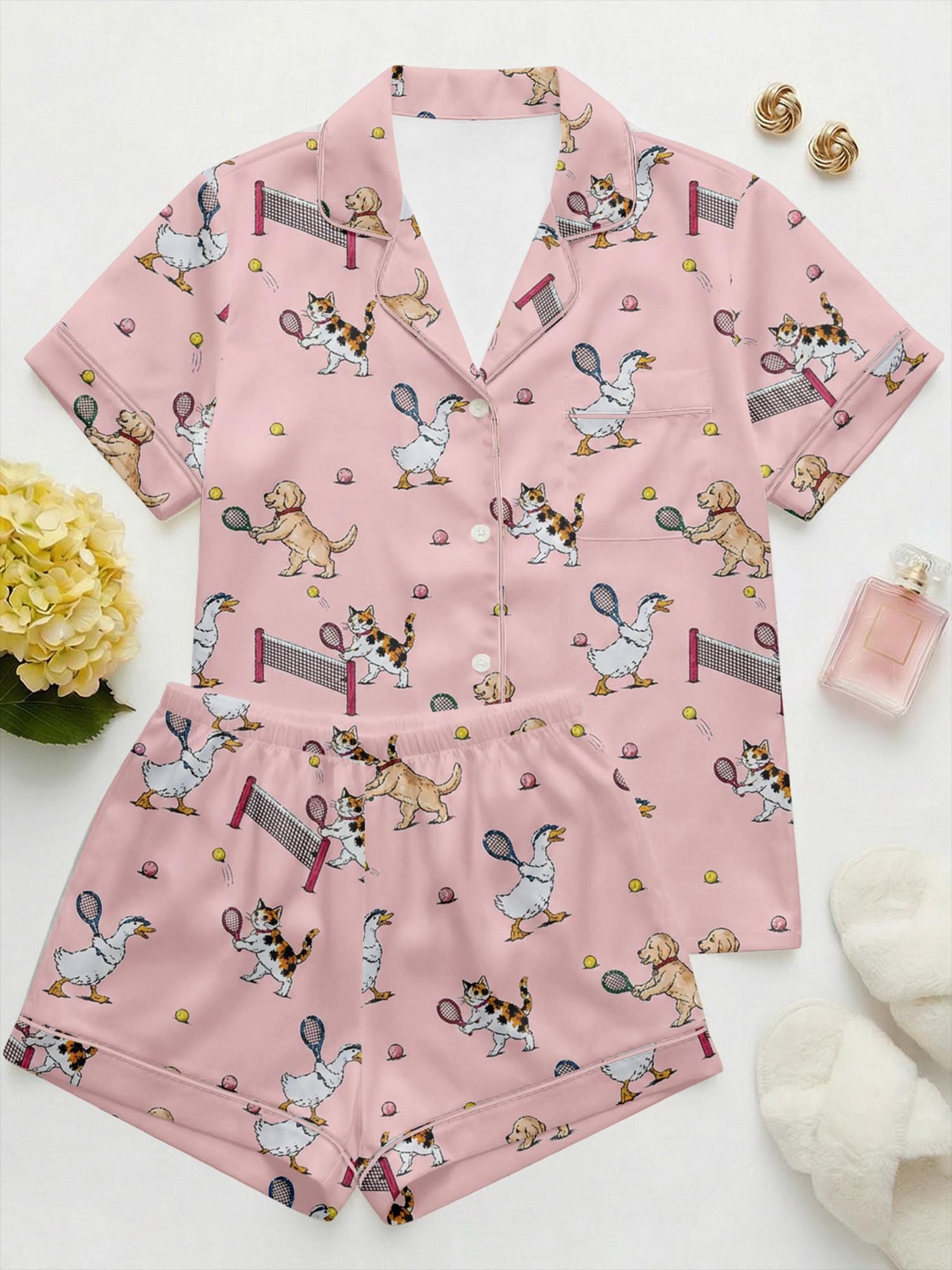 Cute Animal Tennis Pajama Set for Women, Dog Cat Pajamas, Tennis Lover Gift, Preppy Summer Lounge Set, Vacation Sleepwear, Aesthetic Pajamas