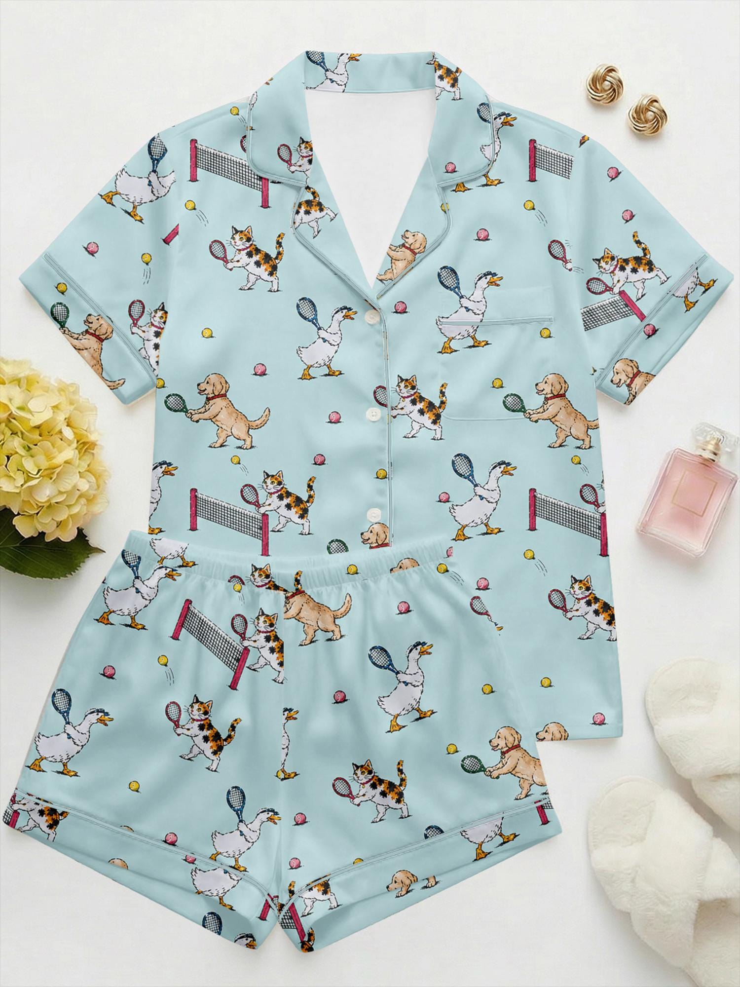 Cute Animal Tennis Pajama Set for Women, Dog Cat Pajamas, Tennis Lover Gift, Preppy Summer Lounge Set, Vacation Sleepwear, Aesthetic Pajamas