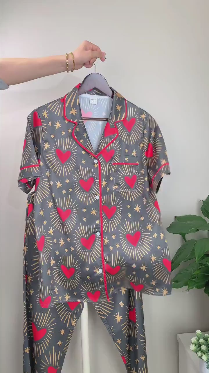 Women’s Long Sleeve Pajama Set – Heart and Star Print Sleepwear, Cozy Loungewear for Home