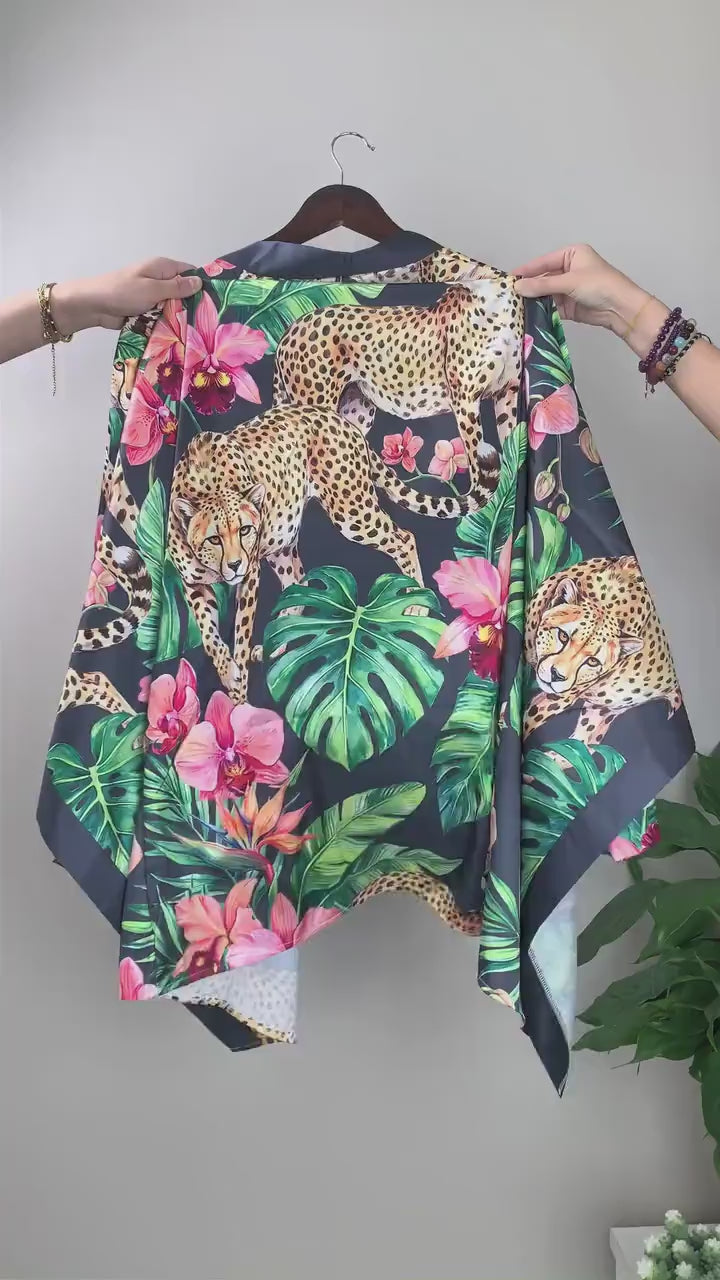 Mother’s Day Gift for Mom, Matching Mother Daughter Robe Set, Tropical Leopard Kimono Robe, Soft Satin Lounge Wear, Gift from Daughter