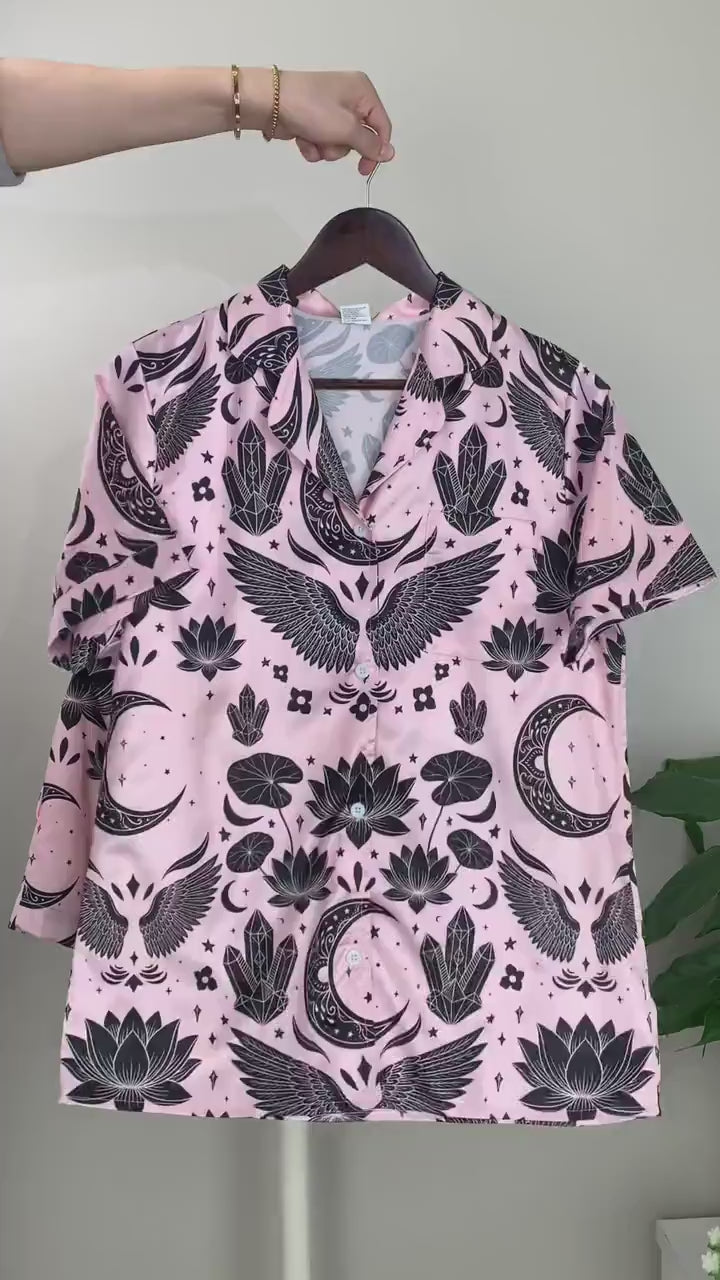 Women’s Short Sleeve Pajama Set – Moon and Wing Print Sleepwear, Pink Cozy Loungewear for Home