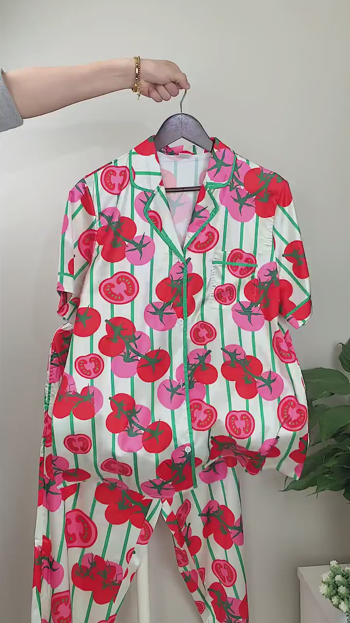 Women’s Long Sleeve Pajama Set – Tomato Print Sleepwear with Striped Design, Cozy Loungewear for Home